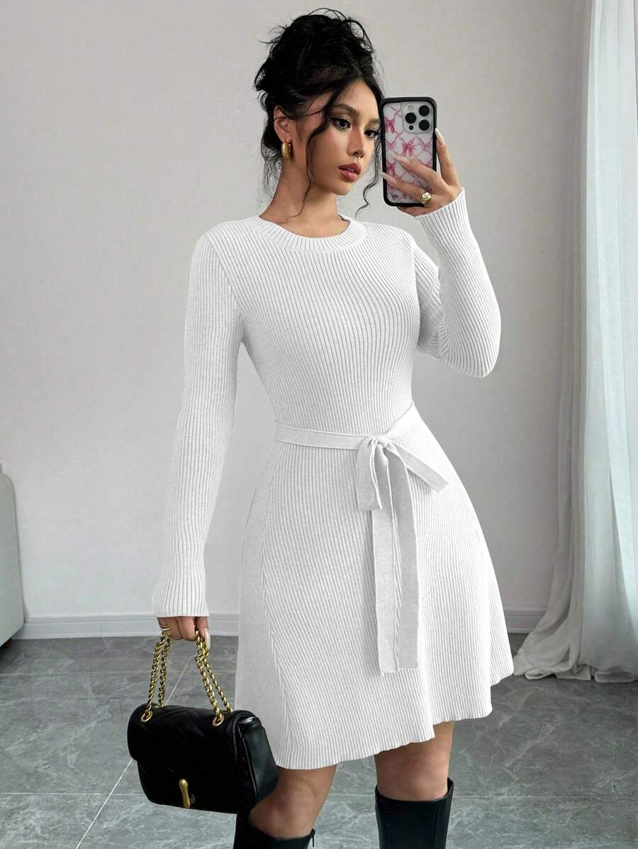 Chiquease 1pc Solid Color Fitted A-Line Midi Length Flare Sweater Dress