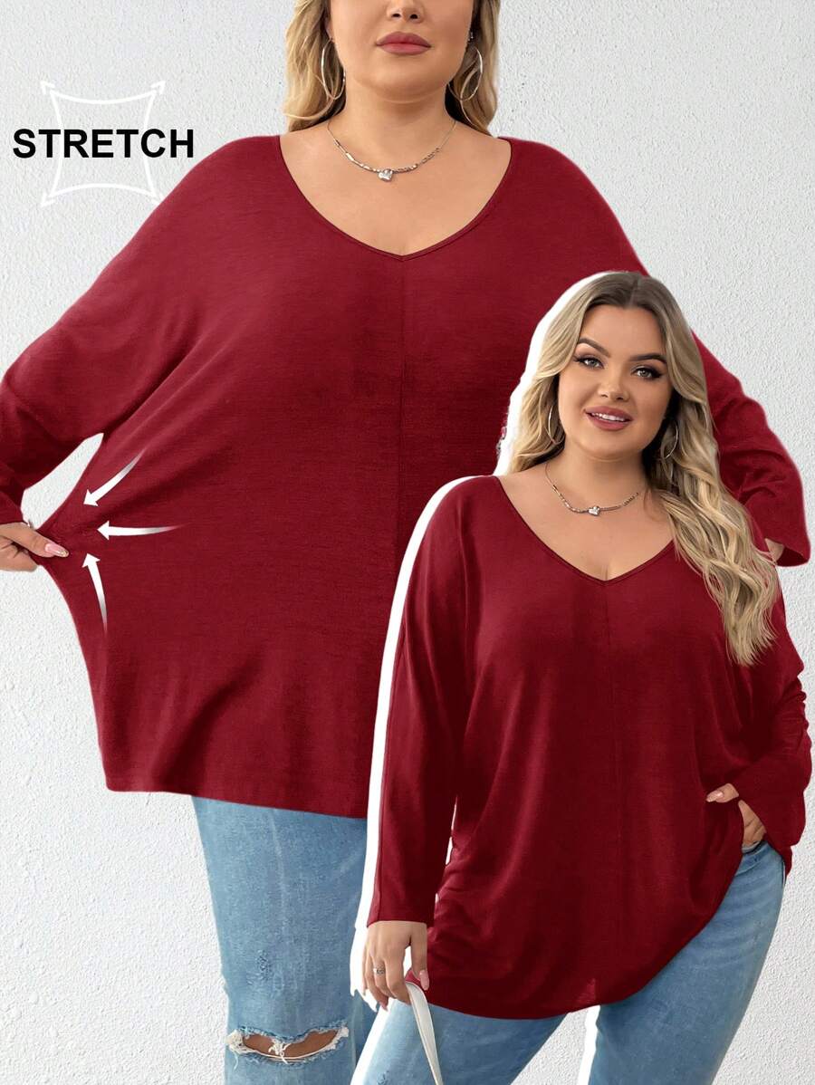 SHEIN CURVE+ Plus Size Red V-Neck Casual Long Sleeve Red T-Shirt