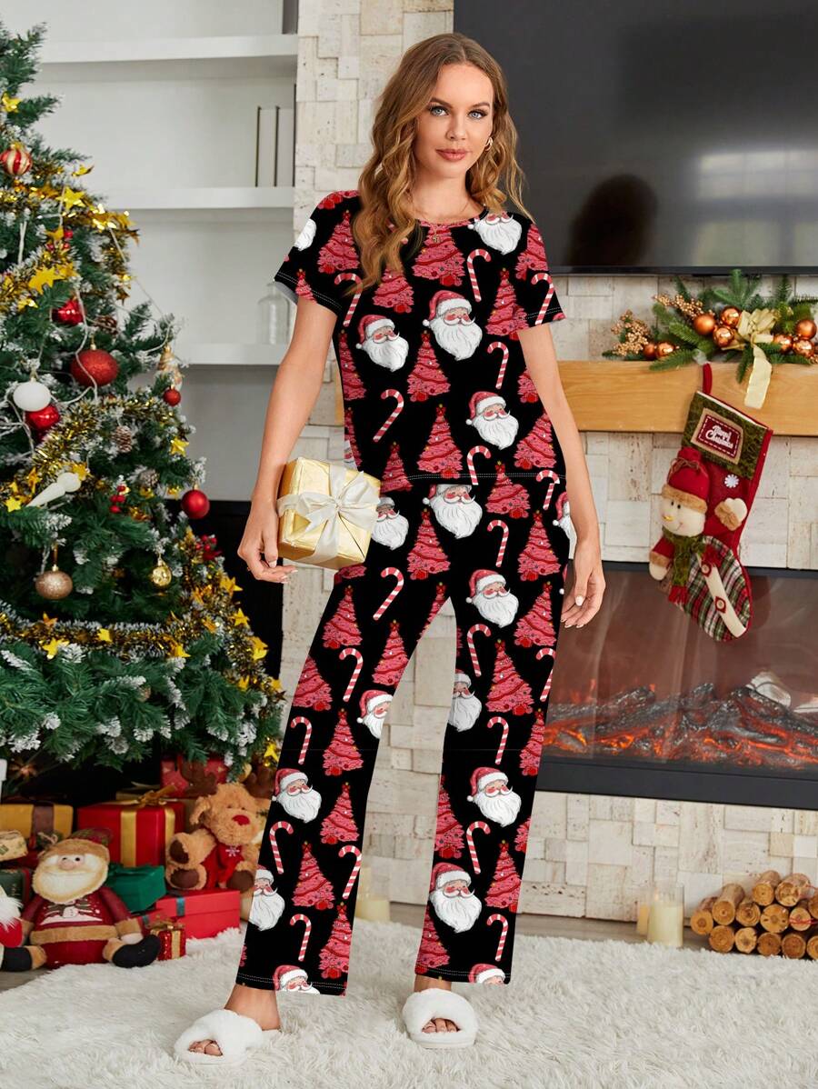 SHEIN Essnce 2pcs/Set Casual Minimalist Santa Claus Allover Print Short Sleeve T-Shirt & Long Pants, Christmas Outfit For Women, Summer