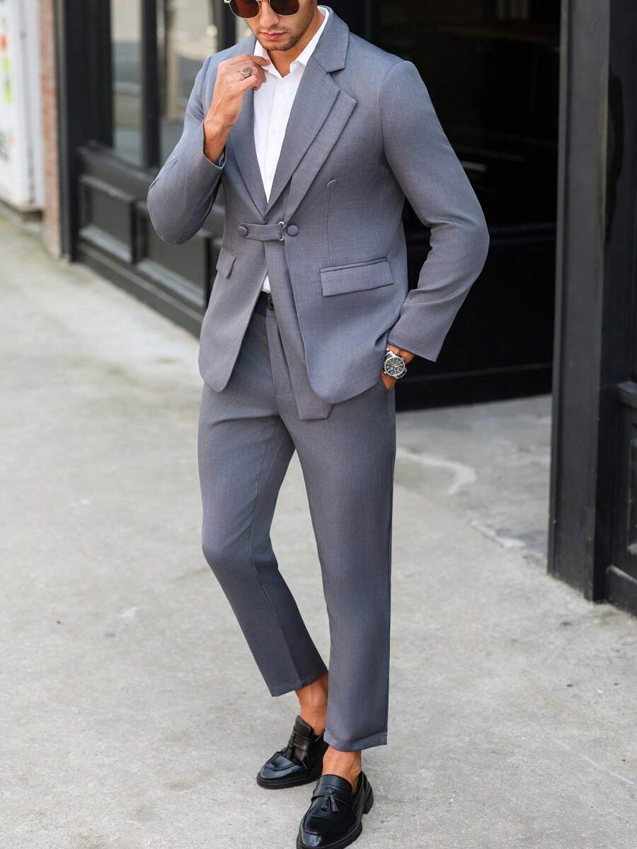 Manfinity Bizformal Conjunto de traje personalizado con diseño de bloques de color para hombres, conjunto de dos piezas para hombres, diseño asimétrico y único en conjunto de traje gris