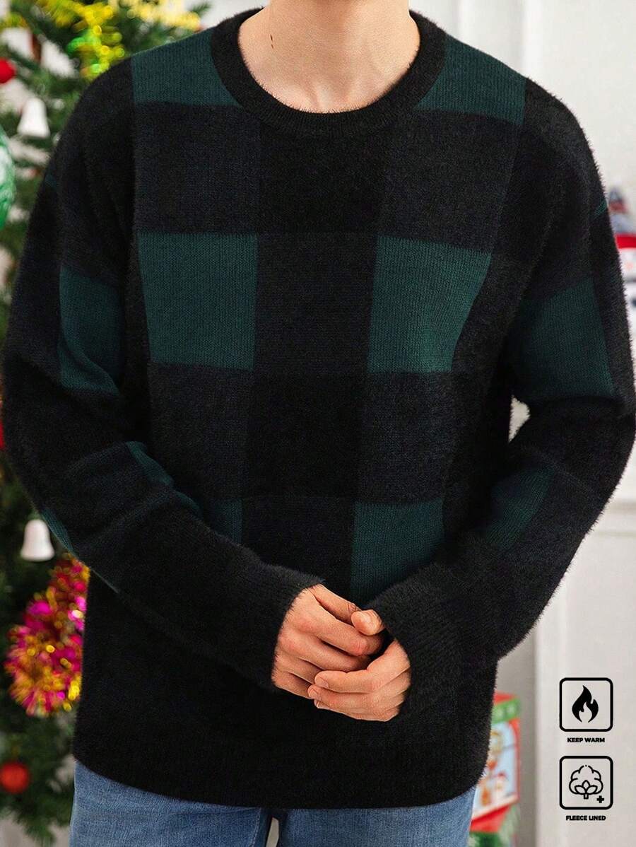 Manfinity Homme Men's Casual Christmas Plaid Pattern Knitted Sweater, Autumn/Winter