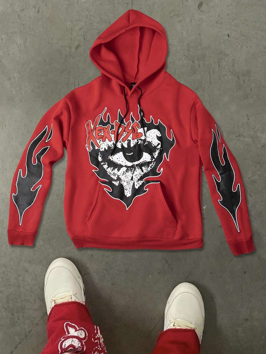 Manfinity Streetrush Men's Long Sleeve Eye & Letter Print Hooded Casual Sweatshirt,Graphic Sweatshirt,Fall Men Clothes,Red Sweatshirt