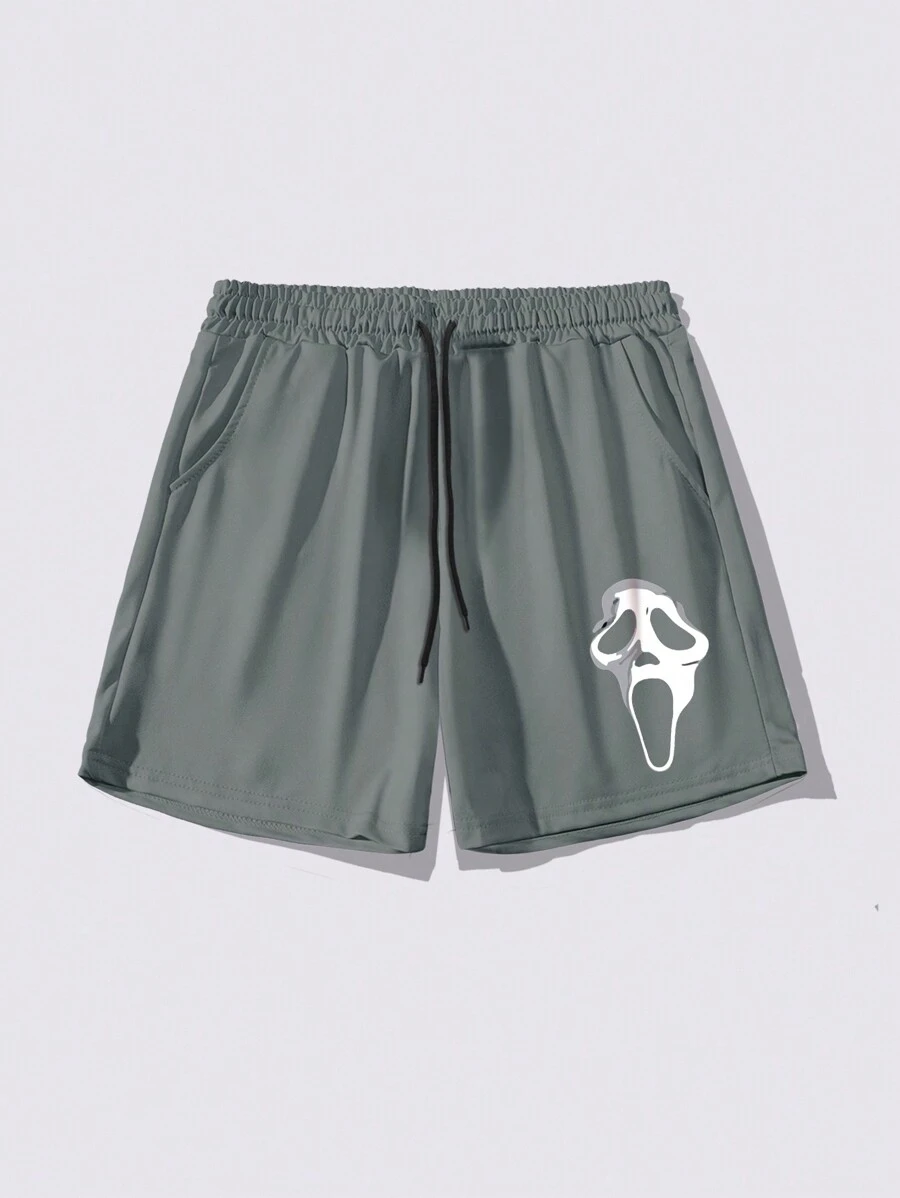 Manfinity Homme Men's Casual Minimalist Ghost Face Print Drawstring Waist Shorts