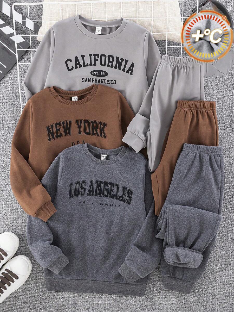 SHEIN 6 stuks/set Tween Boy Casual Sports Letter Print Sweatshirt en Sweatpants Outfit