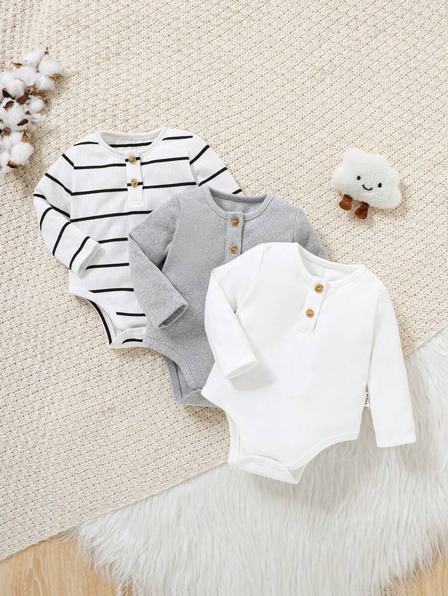 SHEIN 3pcs/Set Newborn Baby Girl Cute Knit Elastic Striped Long Sleeve Romper, Autumn/Winter