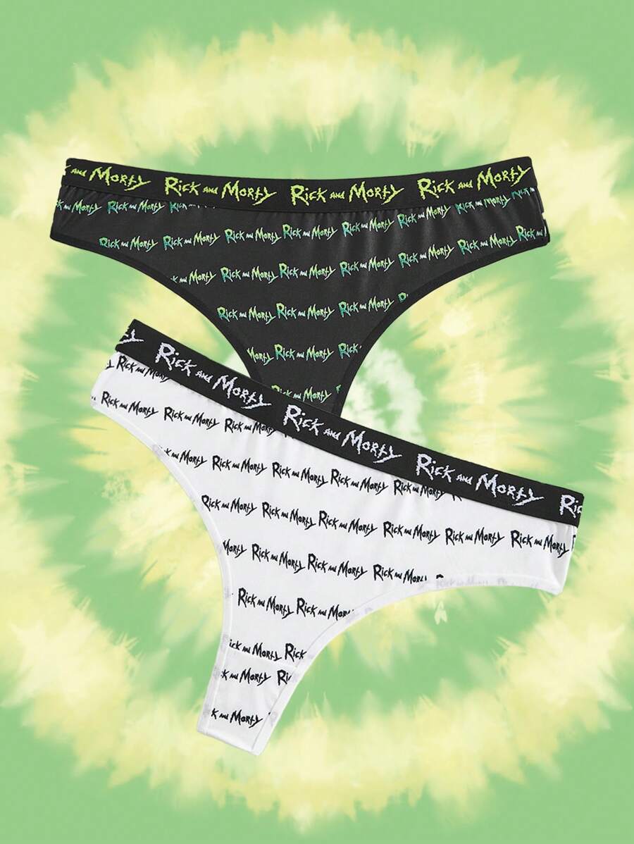 Rick and Morty X SHEIN 2 stuks Plus Size Vrouwen Letter Full Print Tape Trim Driehoek Slipje