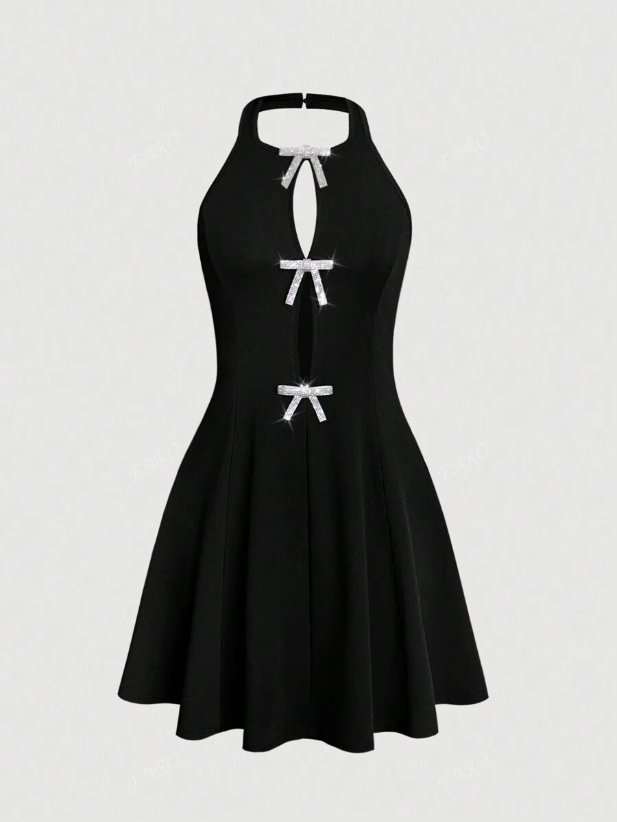 Elegant Hollow Bowknot Design Waist-Slim Sleeveless Halter Collar Dress