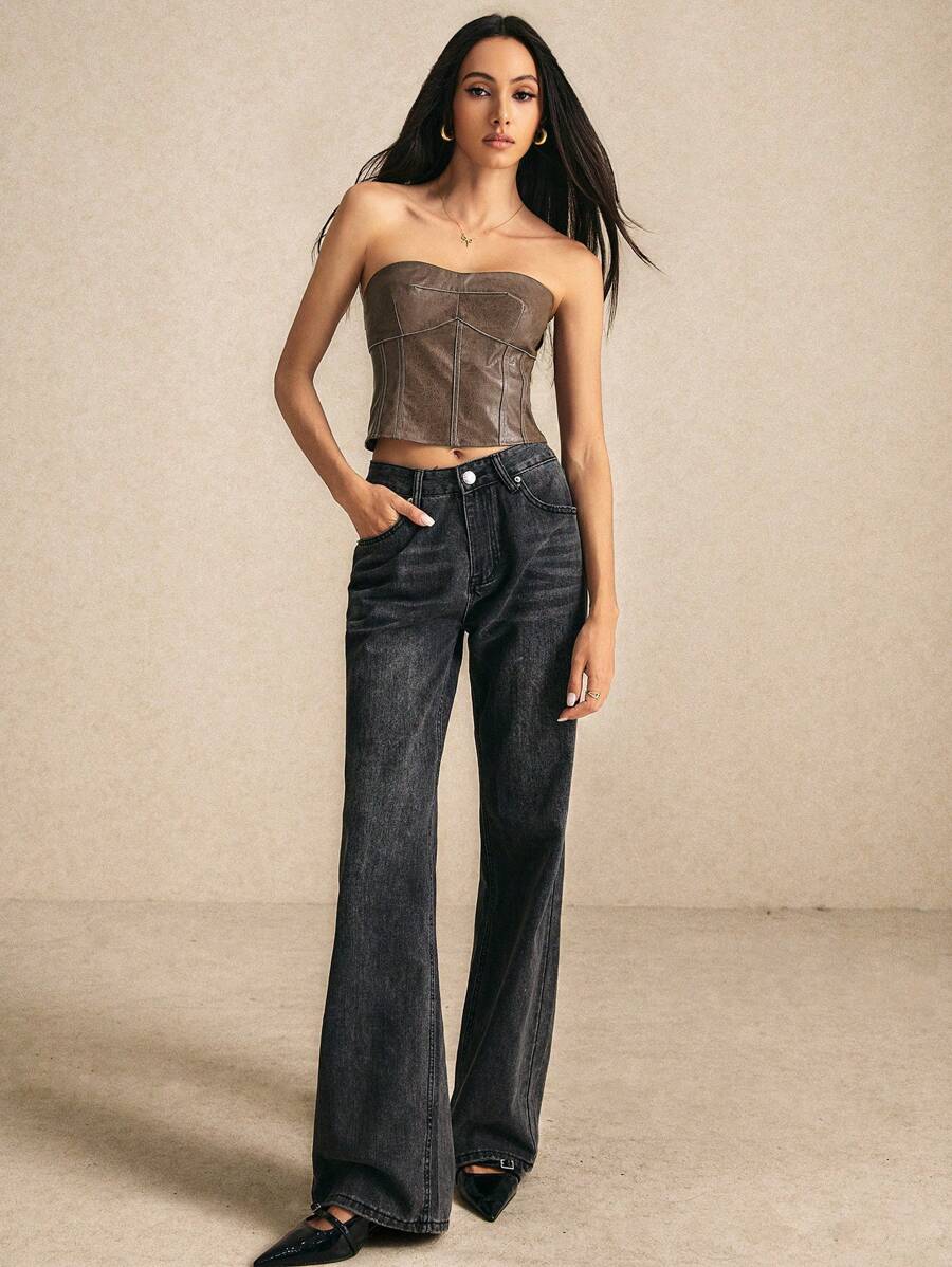 Poéselle Women's Faux Leather Bustier Top,A Vintage-Inspired, 90s-Revival Cropped Corset-Style Top With Back Zipper, Perfect For Autumn Parties, Halloween, And Versatile Fall Fashion, Blending Retro Charm With Modern Edge In A Rich Hue.