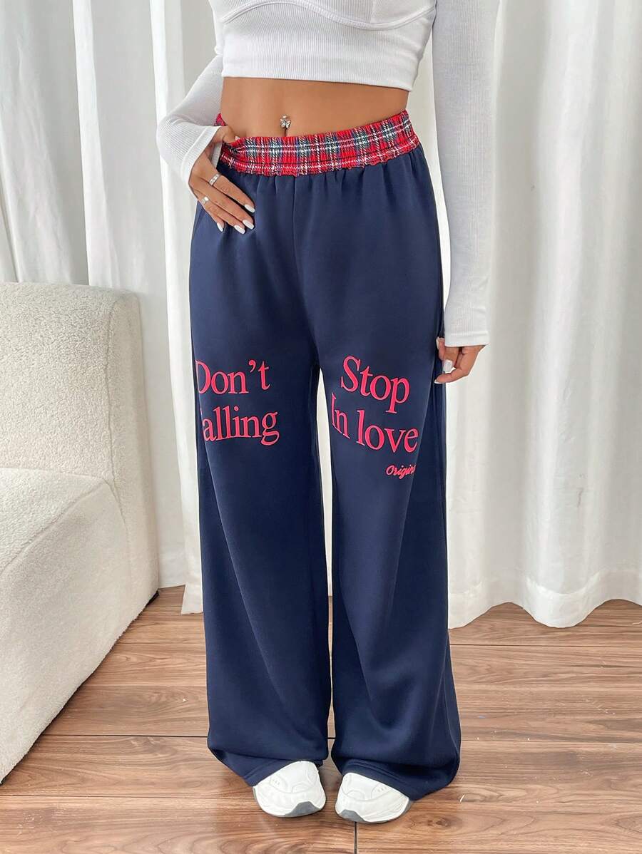 INAWLY Women Patchwork Plaid Slogan Print Elastic Waist Loose Wide Leg Casual Pants