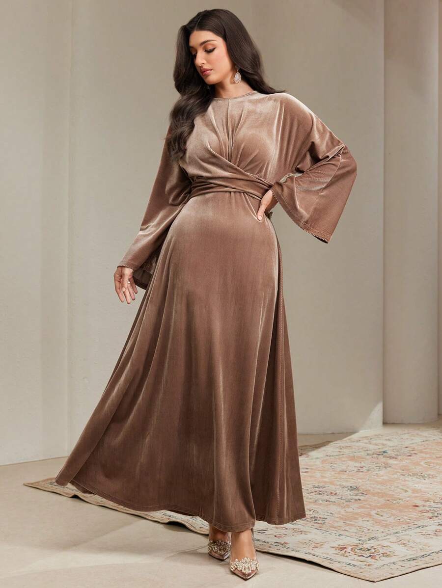 Veilorie Women Solid Color Round Neck Batwing Sleeve Elegant Dress With Waist Cross Details Modest