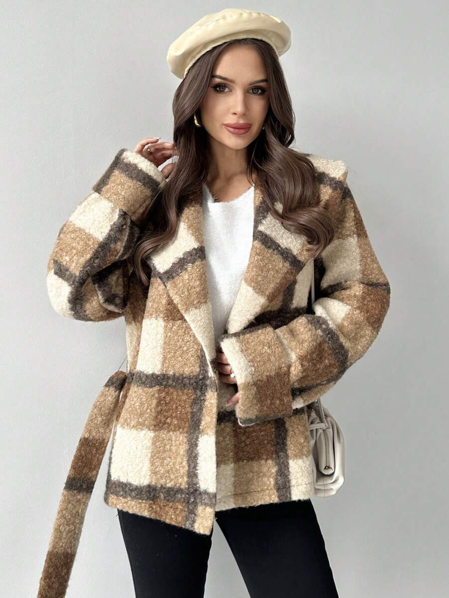Firerie Nieuwe elegante en modieuze omkeerbare geruite getailleerde jas met taillebandontwerp, warm voor herfst/winter
