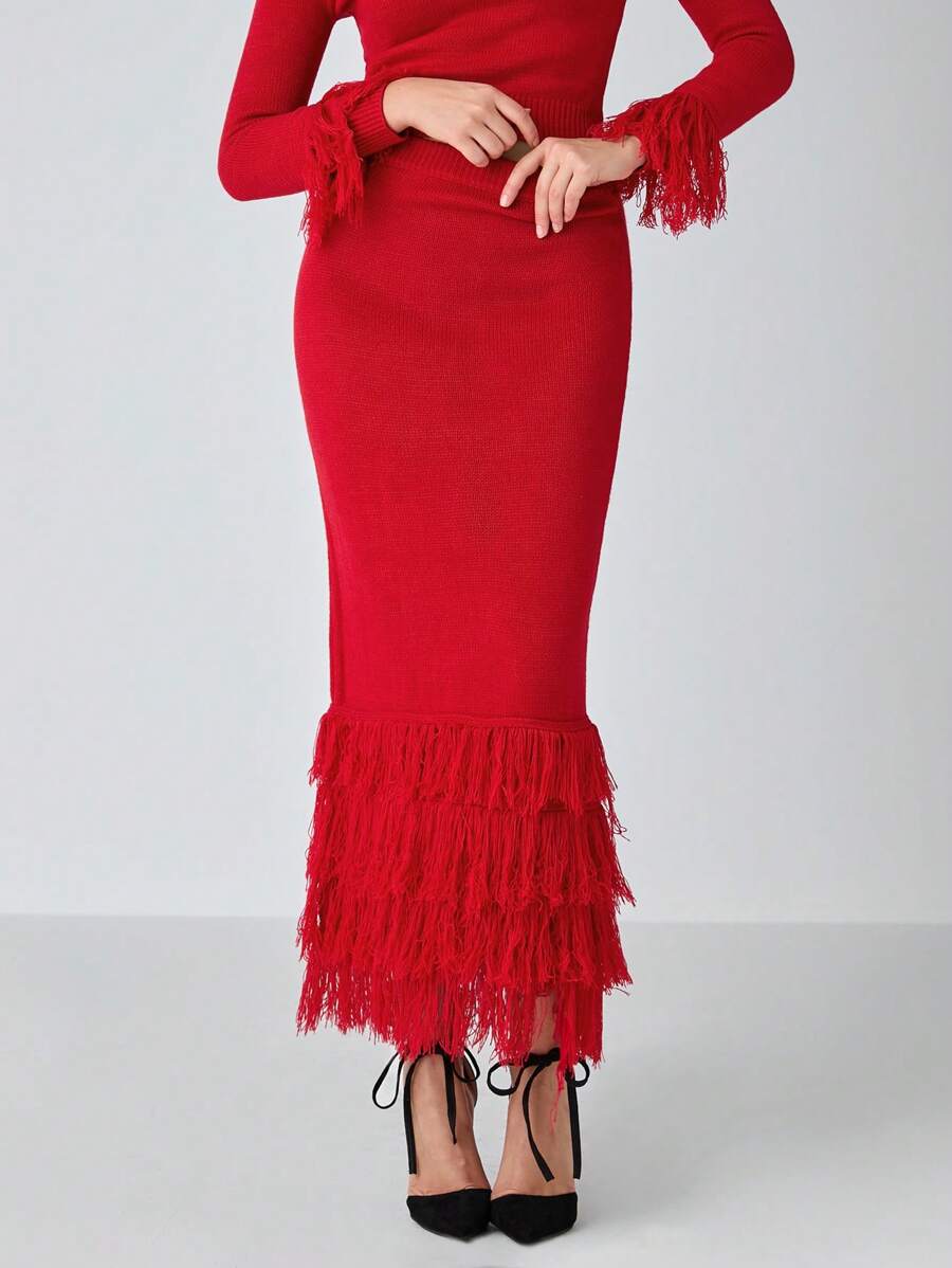 Enchnt Jupe-pull maxi à ourlet duveteux de couleur unie pour femmes, automne/hiver