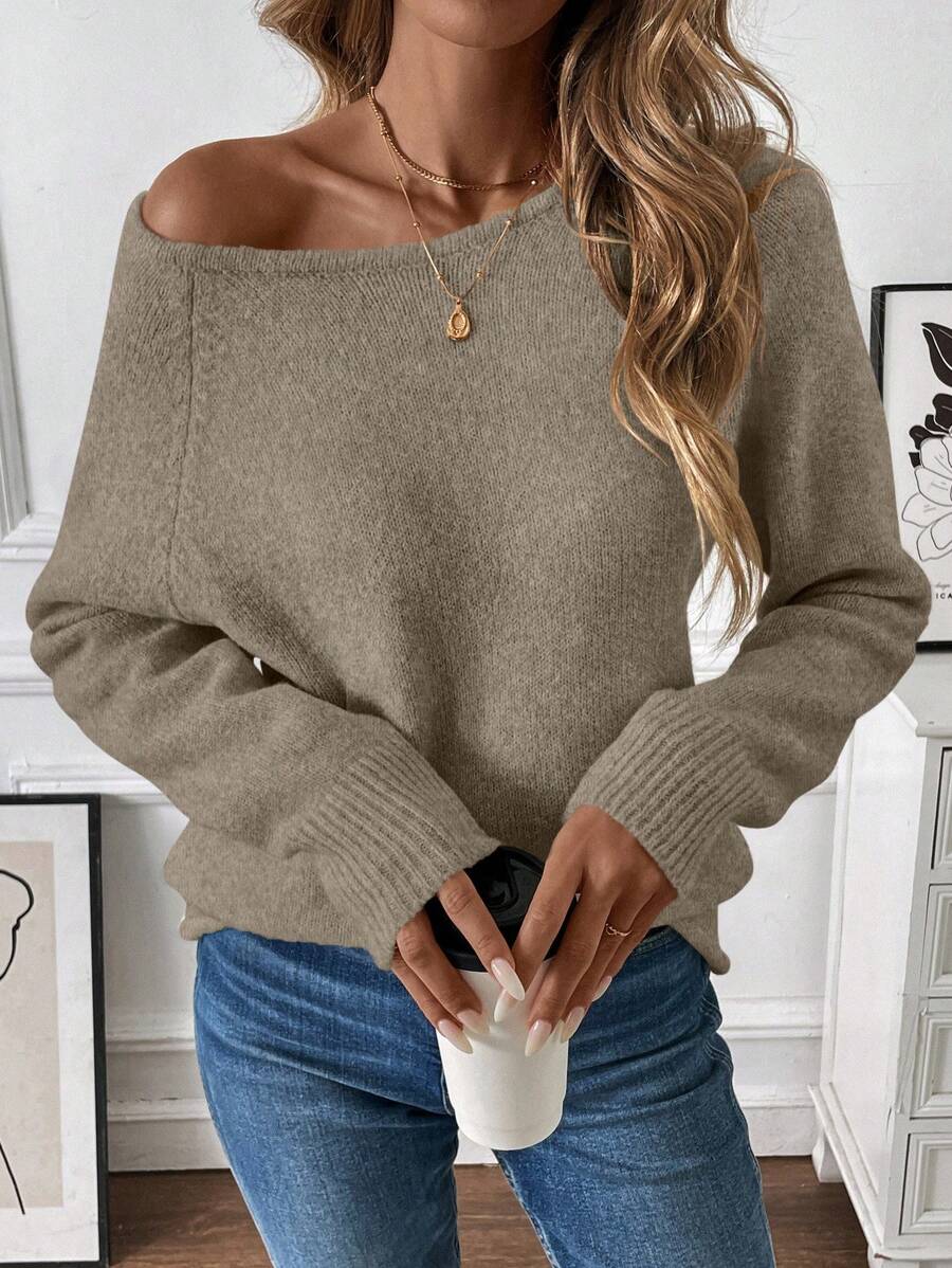 SHEIN LUNE 1pc Women Solid Color Round Neck Raglan Sleeve Casual Knit Sweater, Autumn/Winter