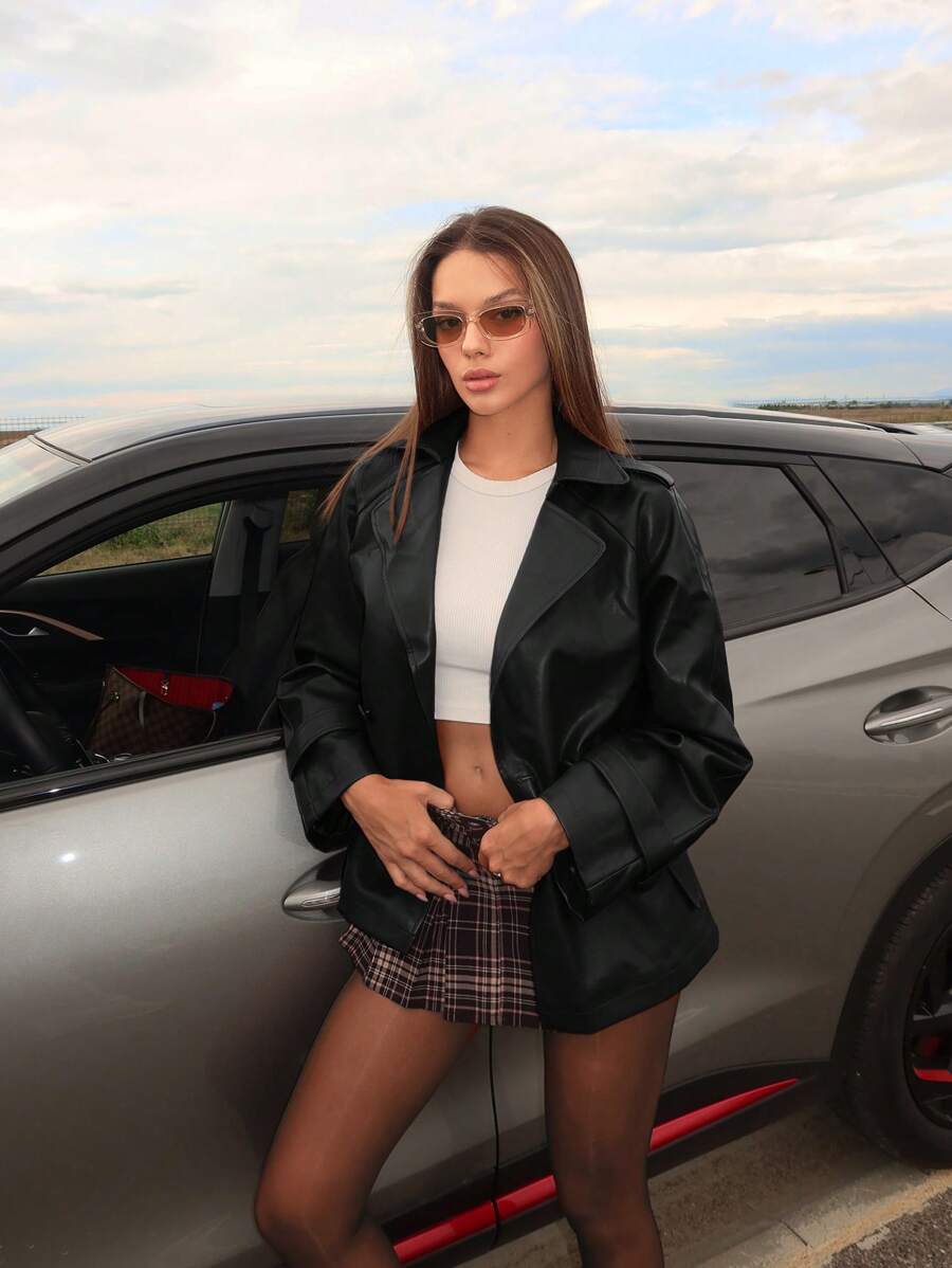 SHEIN BAE Women's Vintage Burgundy Color Flat Collar Long Sleeve Minimalist Jacket, Casual Everyday Wear Burgundy PU Leather Windbreaker Jacket Hollowed Costumes Thanksgiving Women Outfit Halloween Women Costumeschristmas Women Clothes Winter Women Jacket Trench Women Coat Fall Women Outfits Warm And Thickened In Winter