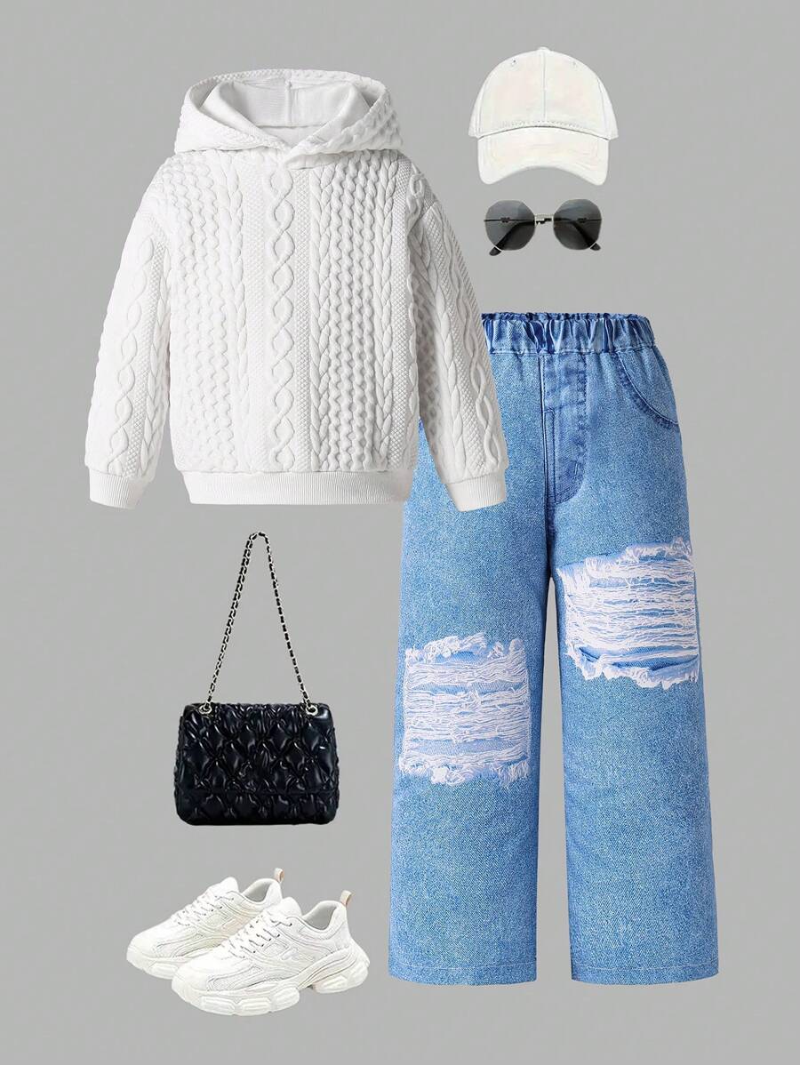Conjunto de 2 piezas de sudadera con capucha informal y pantalones vaqueros rasgados para niñas, de material suave y de punto suelto, adecuado para otoño/invierno, elegante para uso diario/exterior
