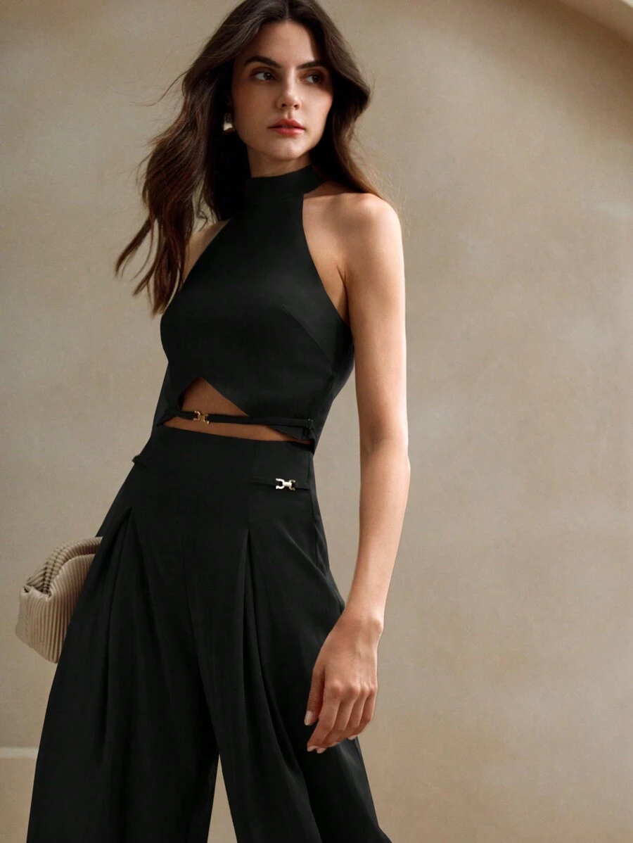 Anewsta 2pcs/Set Urban Minimalist Women Chain Decor Sleeveless Top & Wide Leg Pants Set