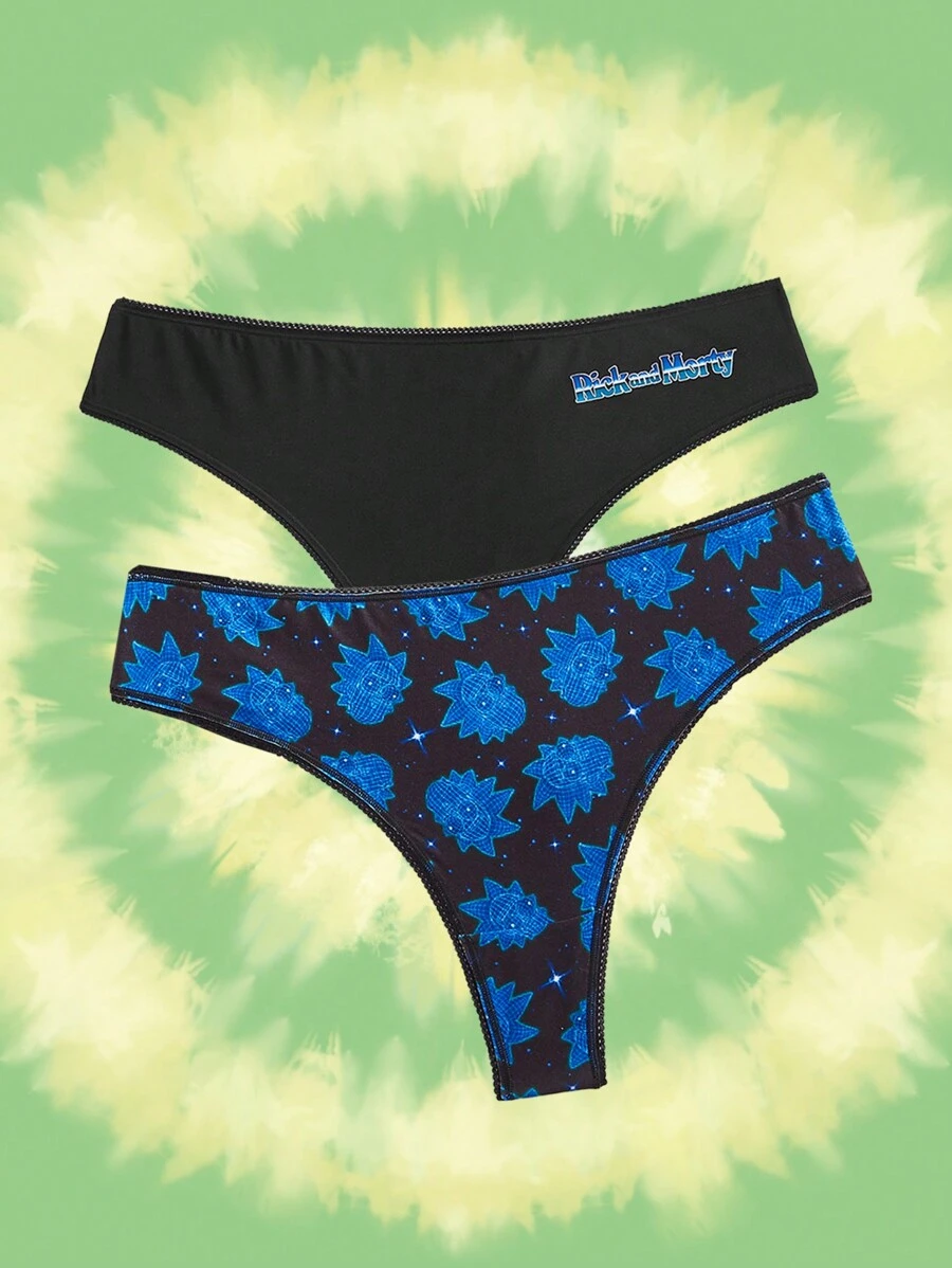 Rick and Morty X SHEIN Set de 2 piezas de ropa interior de mujer talla grande de algodón cómoda con estampado de letra de dibujos animados