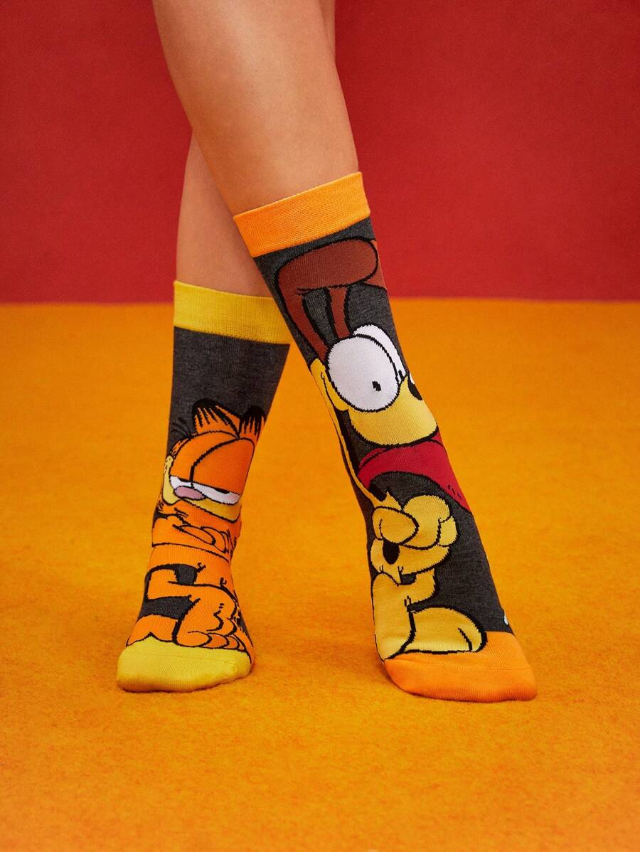 GARFIELD X SHEIN 1pair Cute Cartoon Pattern Contrast Color Mid-Calf Socks For Women
