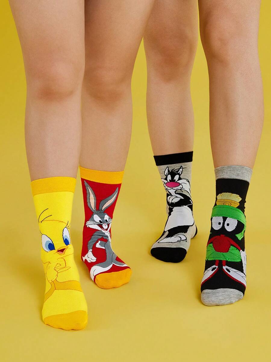 LOONEY TUNES X SHEIN 2 pares de calcetines de mujer de media pantorrilla con diseño asimétrico de bloques de color y estampado de dibujos animados