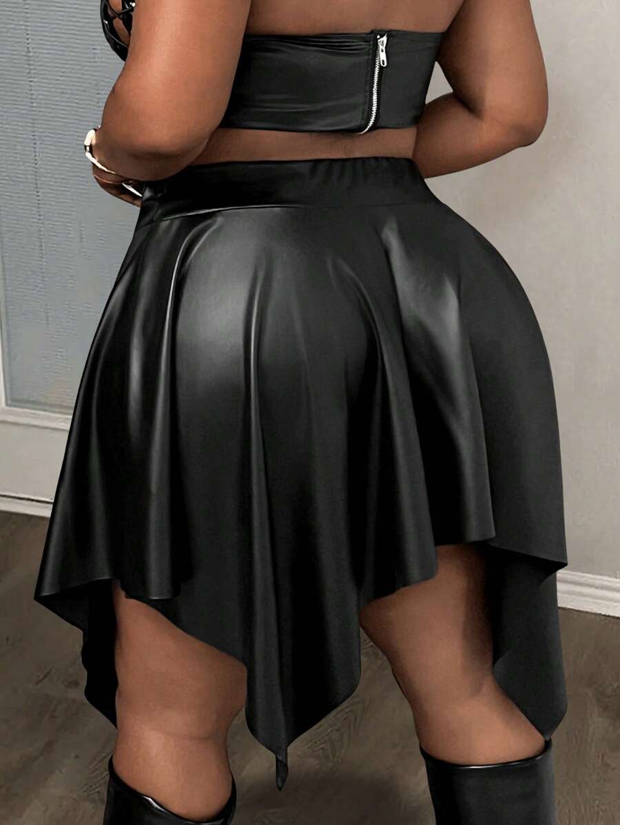 Slaydiva Plus Size Women's Black Solid Color Asymmetric Hem Casual Skirt, Elegant For Dates, Parties And Gatherings, Spring/Autumn