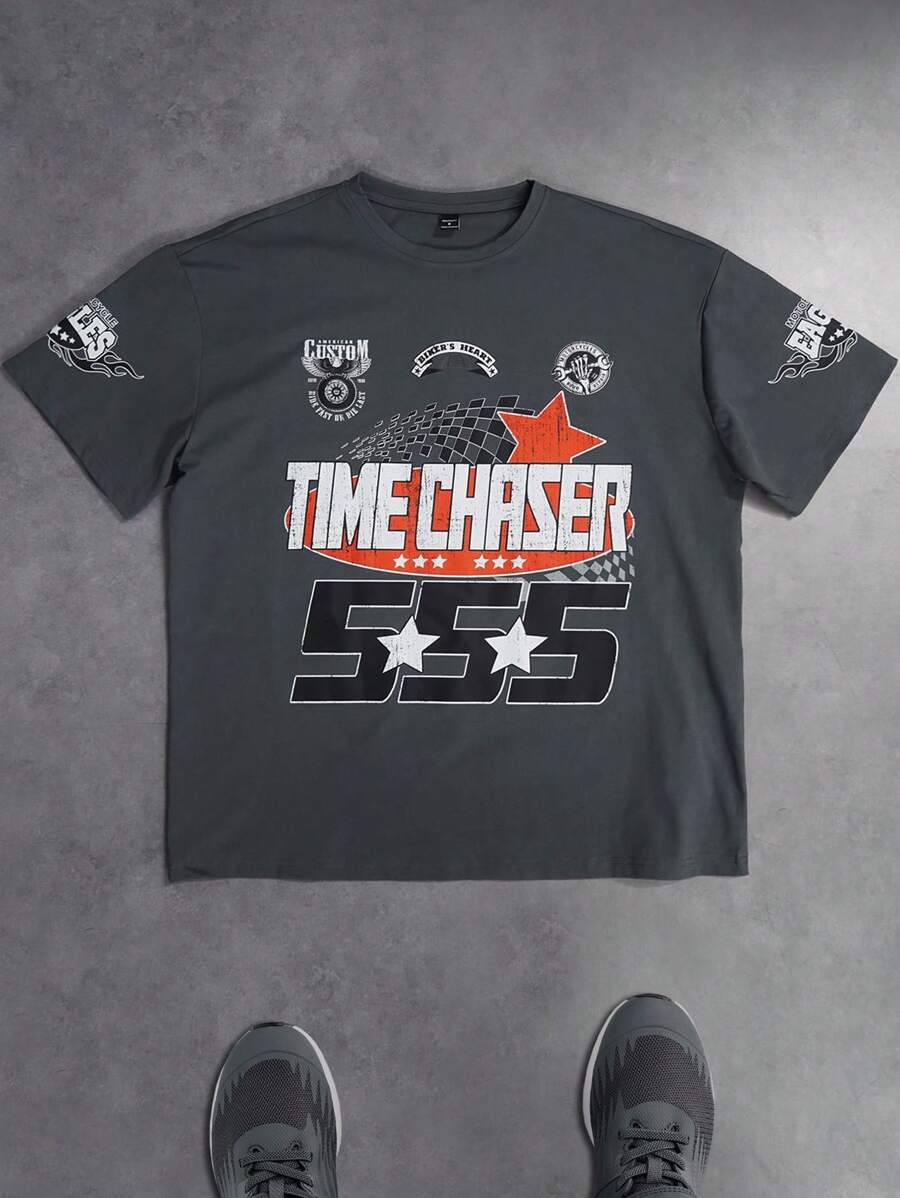 Manfinity Streetrush Camiseta de manga corta para hombre con estampado gráfico grande de cruz y eslogan, camiseta "boxy", ropa de calle, regalo para novio