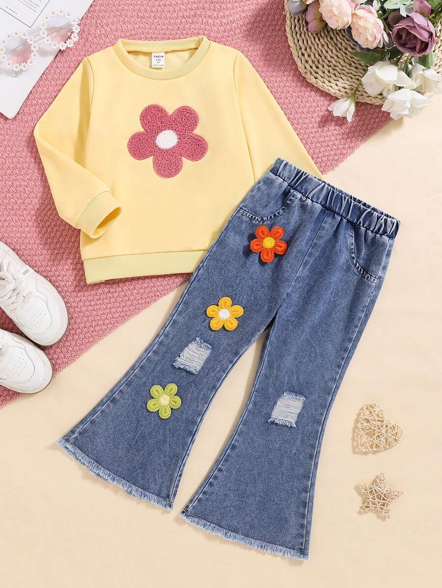 2pcs Young Girls Casual Fashion Round Neck Embroidered White Sweatshirt And Decorated Denim Jeans Set