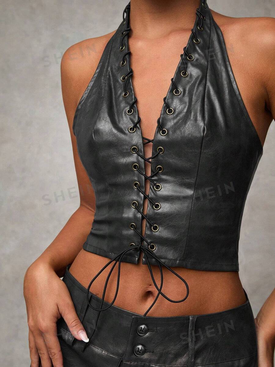 SHEIN BAE Top corto tipo coselete de mujer con escote halter, color marrón, con lavado y textura desgastada vintage, con costuras huecas. Atuendo de mujer adecuado para fiestas sexy, compras y volver al colegio. Ideal para invierno, Acción de Gracias y disfraces de Catwoman.