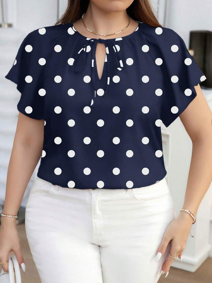 SHEIN Clasi Große Größen, Sommer Lässig Elegant Knotkragen Polka Punkt Muster Volantärmel Bluse
