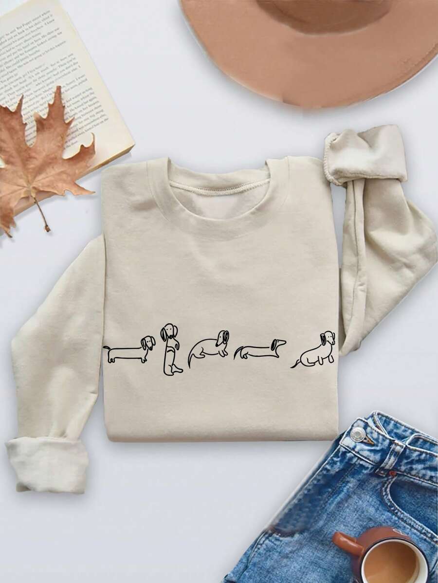 INAWLY Women Cartoon Dog Print Casual Sports Sweatshirt, Essential For Autumn/Winter,Long Sleeve Tops Graduation,Back To School Outfits,Graduation,Teacher Outfits For Women,Back To School Pullover Fall Outfit