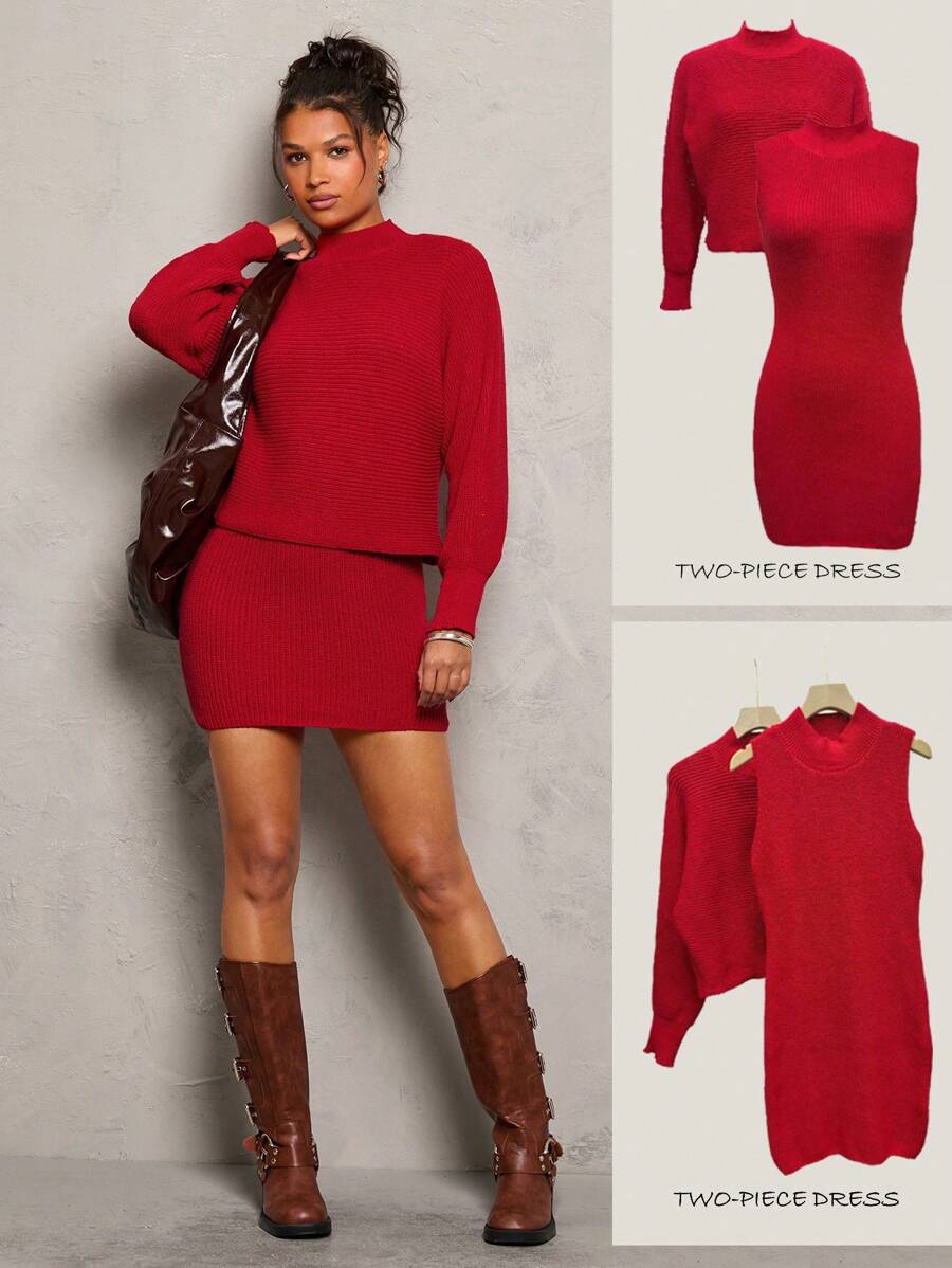 Glamine 2pcs Set: Batwing Sleeve Loose & Mini Fitted Stand Collar Dress