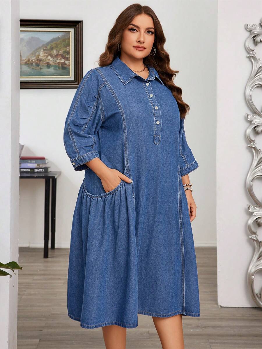 SHEIN CURVE+ Vestido de mezclilla para mujer de talla grande, con mangas fruncidas de moda, sin estiramiento