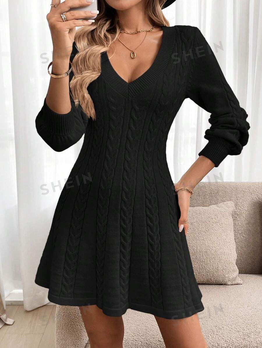 SHEIN LUNE Vestido de suéter corto de unicolor con cuello en V y manga larga para mujer, otoño/invierno