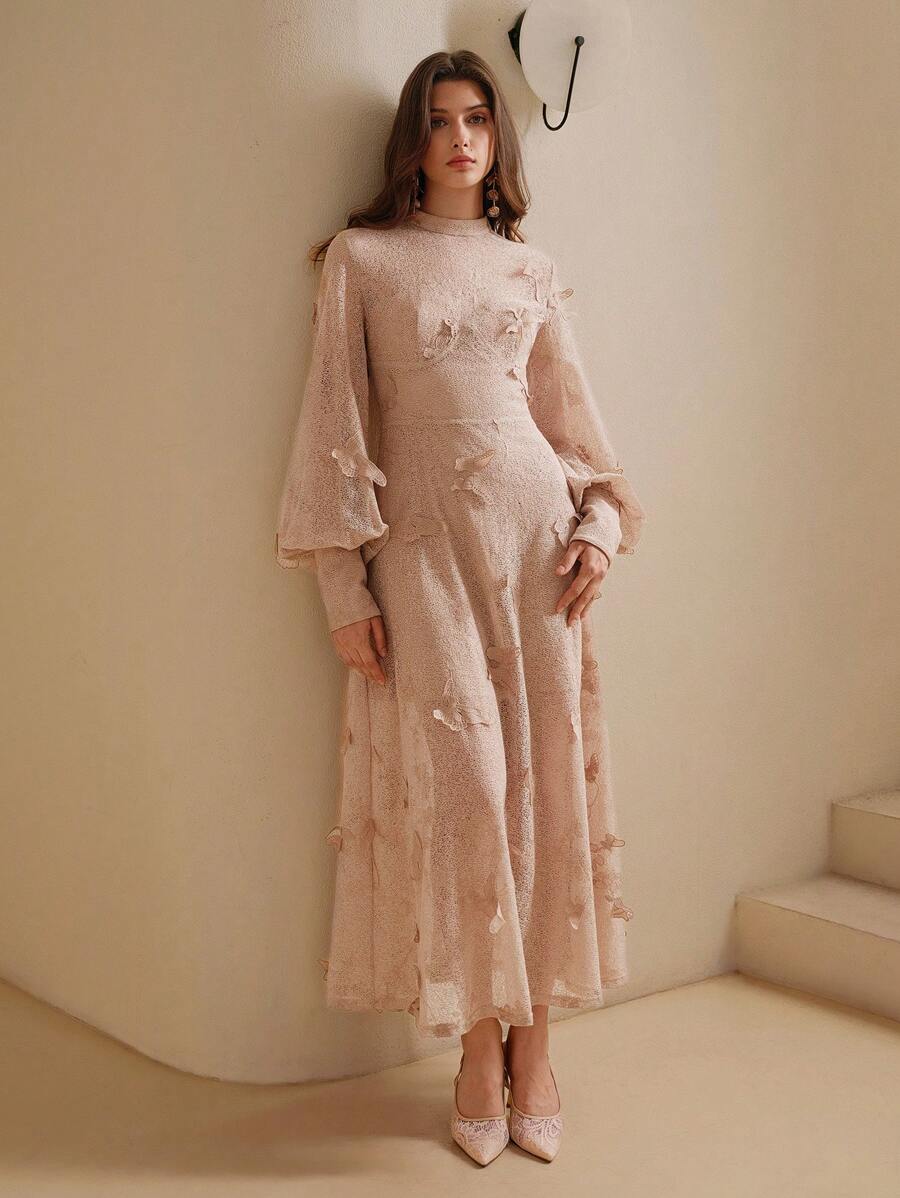 Anewsta Vintage Elegant Hollow Lace Embroidered Butterfly Round Neck Lantern Sleeve Tiered Waist Midi Dress, Autumn Maxi Women Outfit
