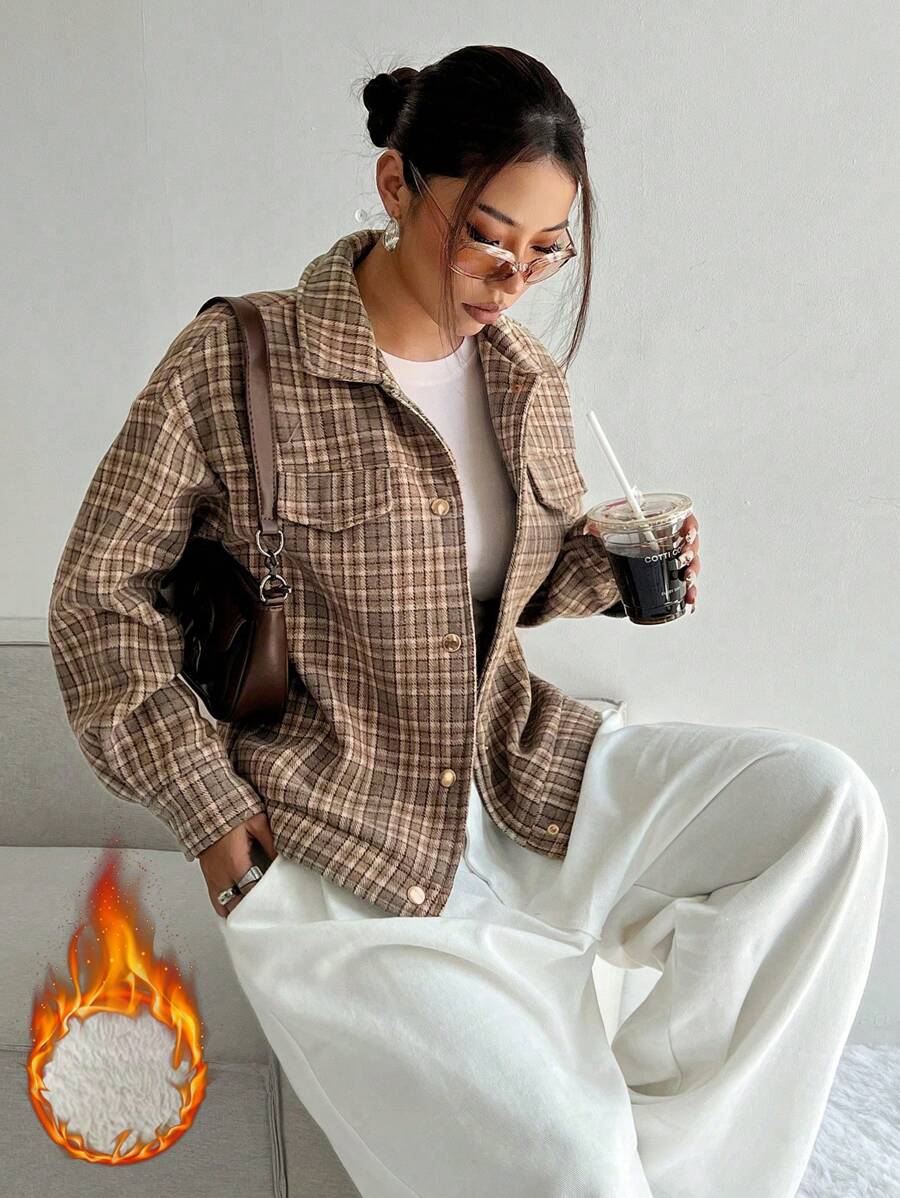 Flirla Women's Casual Vintage Plaid Fleece Button-Up Jacket, Autumn