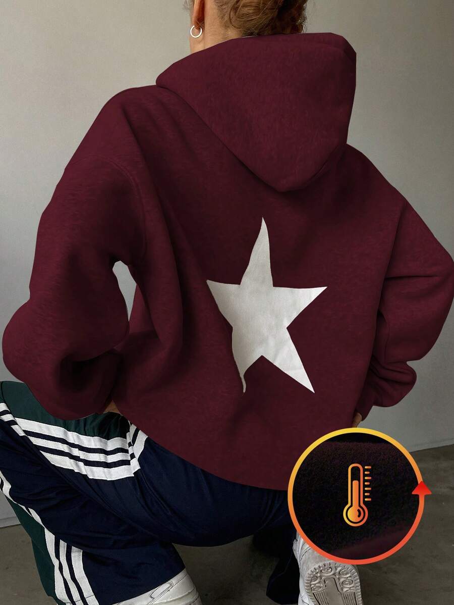 DAZY Ladies Long Sleeve Letter Print Pocket Simple Hooded Casual Sweatshirt