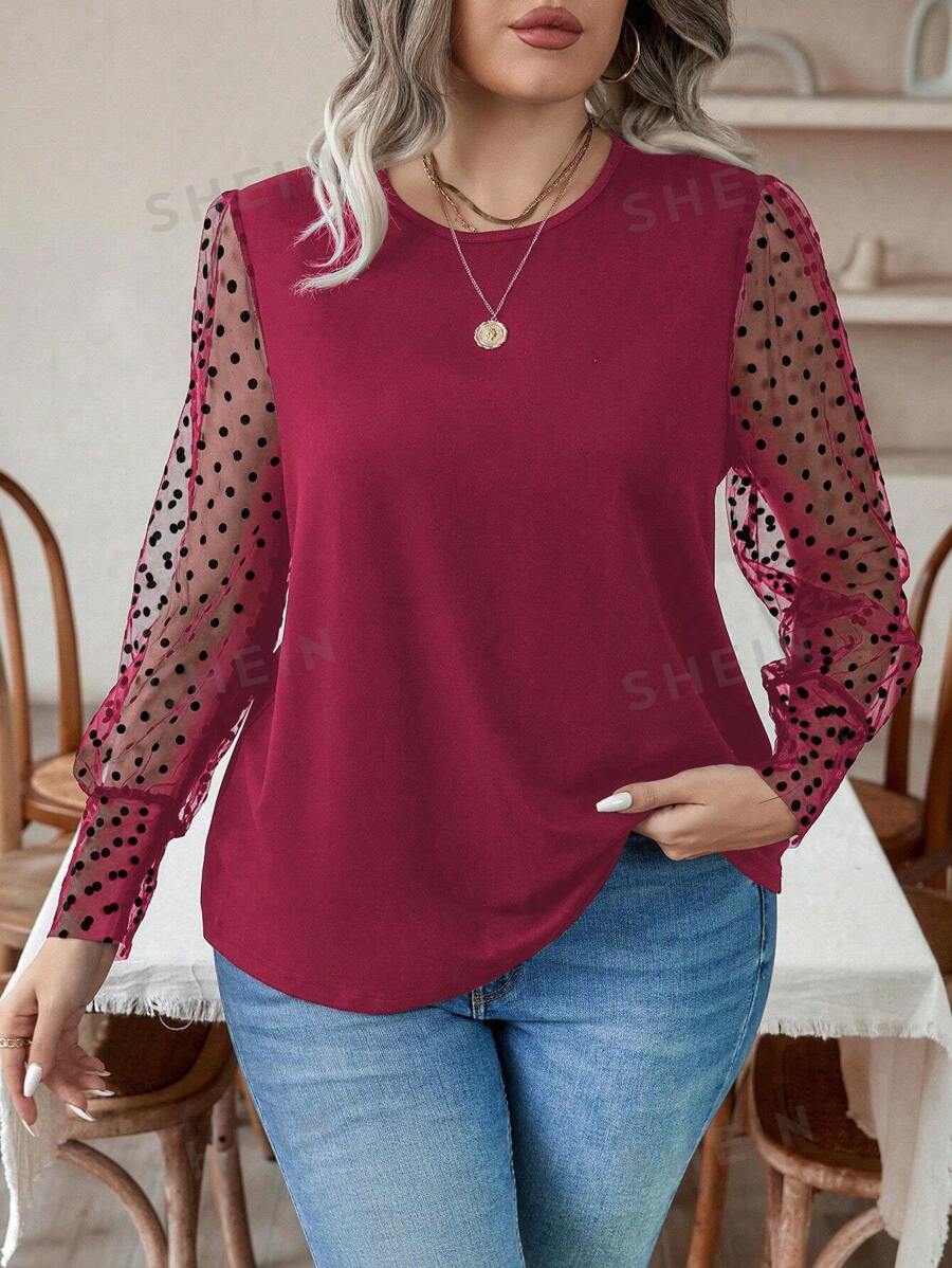 Celure Blusa informal de manga larga con cuello redondo, en talla grande, de unicolor con diseño de patchwork para mujeres