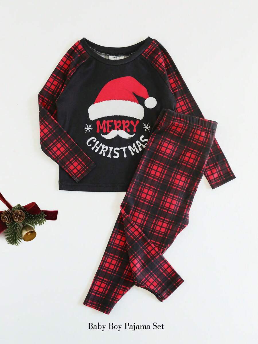 SHEIN 2 stuks Baby Boy Snug Fit Kerstmuts Grafische Ronde Hals Raglan Mouw T-shirt & Geruite Patroon Broek Casual Comfortabele Pyjama Set, Herfst/Winter