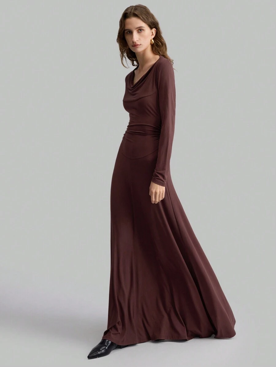 Ontre Vestido elegante y sencillo de manga larga con cuello de cowl, vuelo en el dobladillo, perfecto para fiestas y Año Nuevo, una prenda imprescindible para combinar