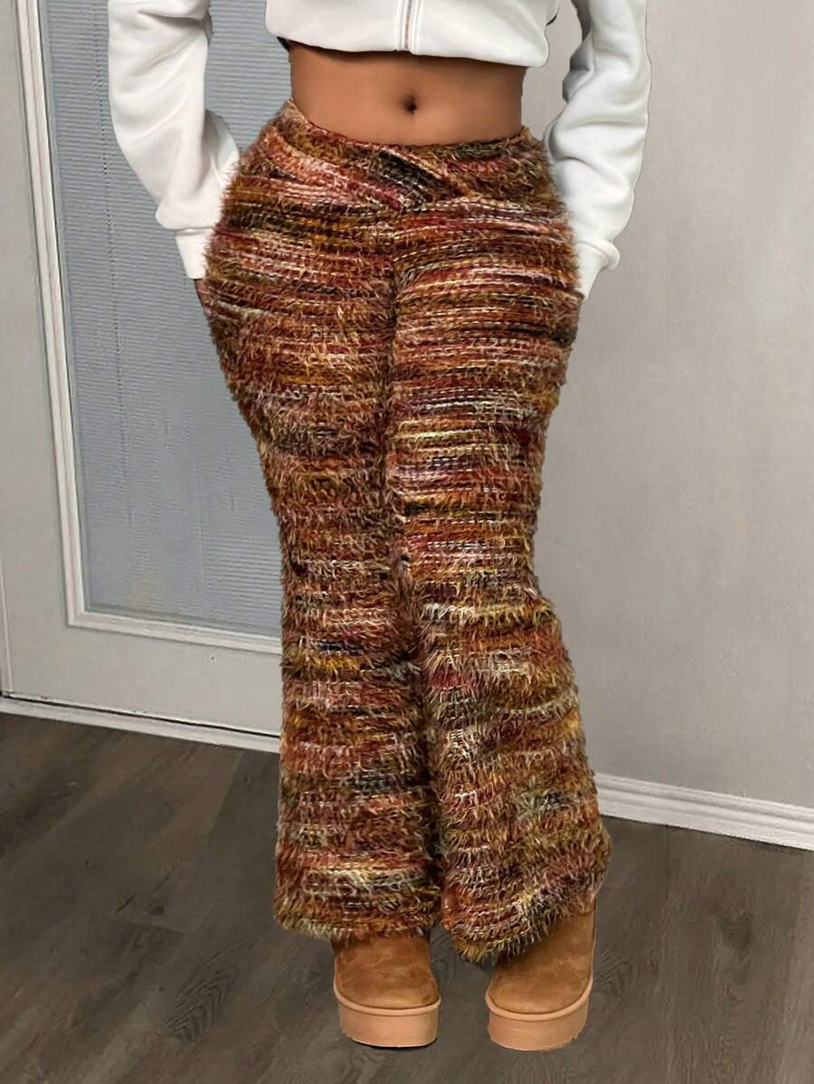 Slaydiva Pantalones acampanados de punto con cuello en V y cintura cruzada, pantalones largos esponjosos para mujer