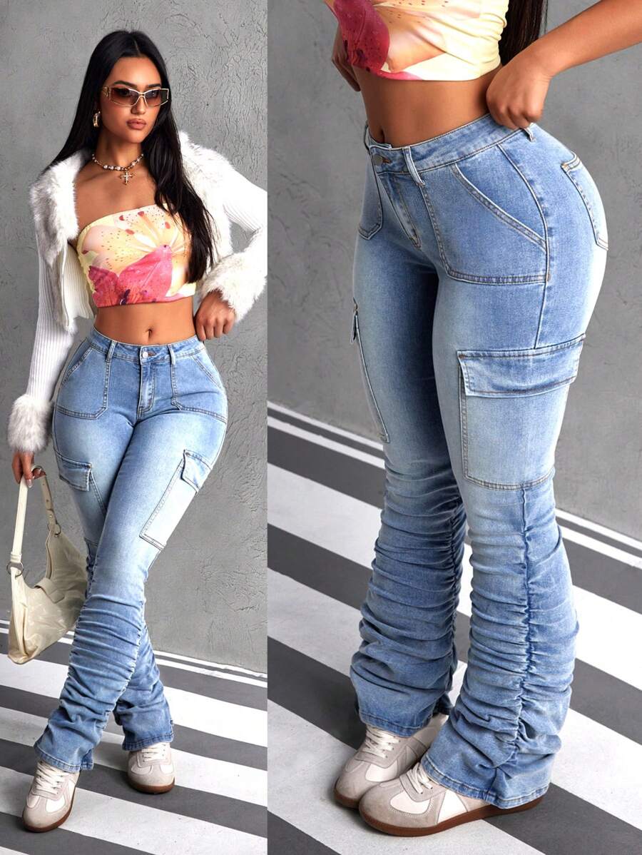 SHEIN ICON Damskie jeansy cargo z kieszeniami i rozkloszowanymi nogawkami