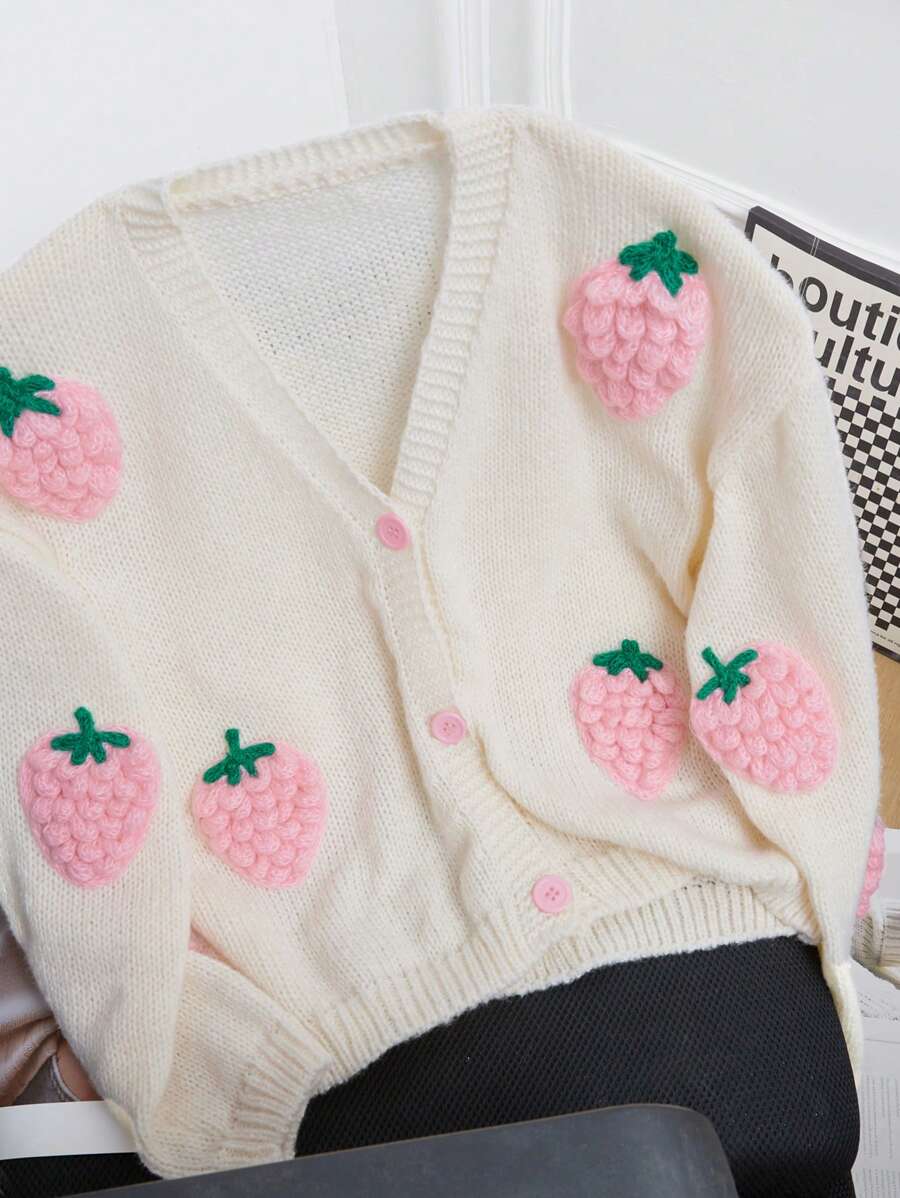 Aveloria Suéter cardigan suave y acogedor de punto holgado con diseño 3D romántico y lindo de fresas en escote en V