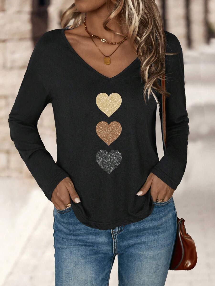 EMERY ROSE Casual Minimalistisch Kleurrijk Hartvormig Kunstgoudfolie V-hals T-shirt met Lange Mouwen voor Dames, Geschikt voor Herfst en Winter