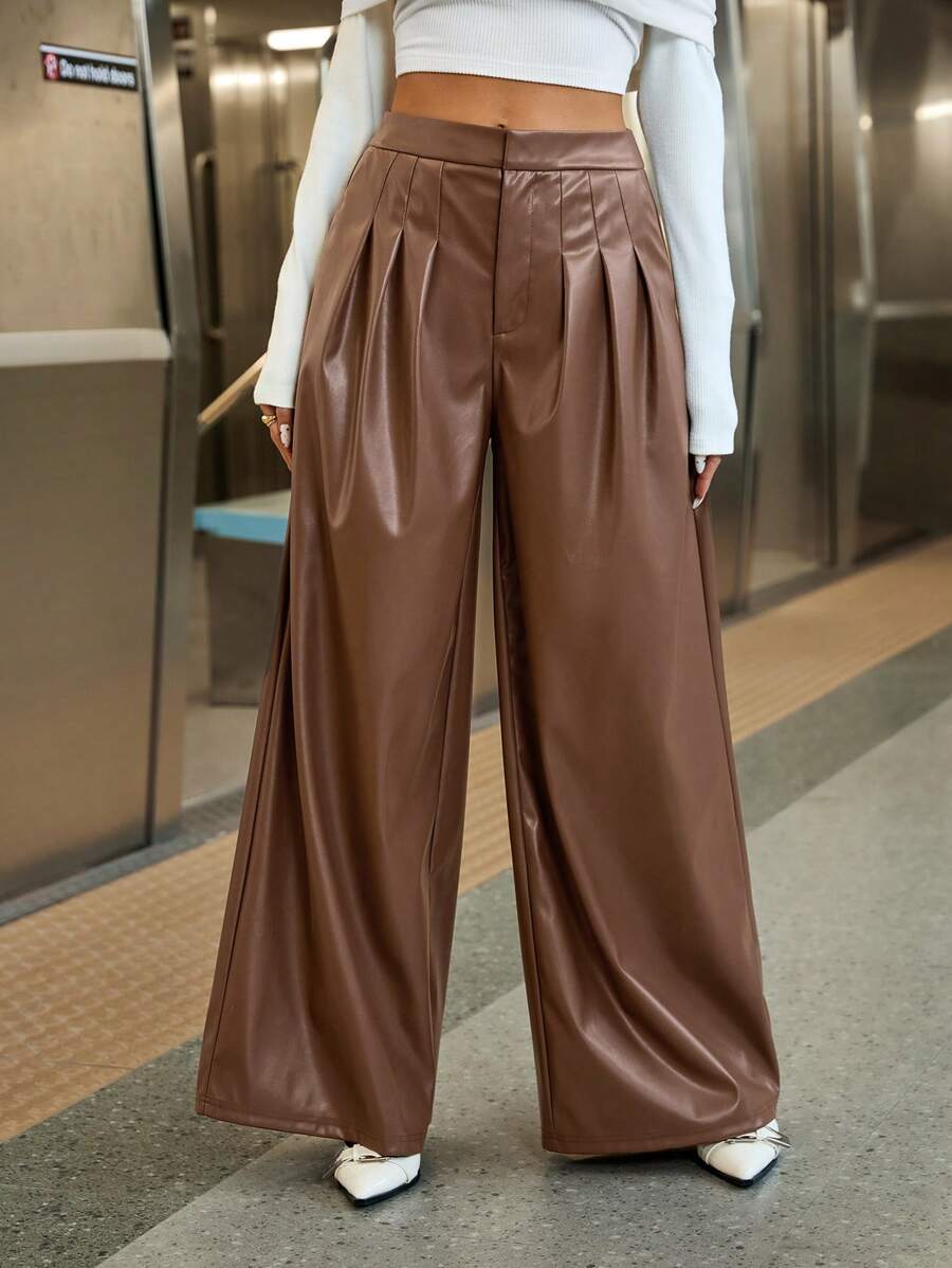 SHEIN Essnce Pantalones marrón para mujer, pantalones casuales de negocios de corte ancho con pliegues y pierna suelta. Pantalones rectos para mujer de estilo de negocios casuales. Ropa para el Día de Acción de Gracias, para otoño/invierno
