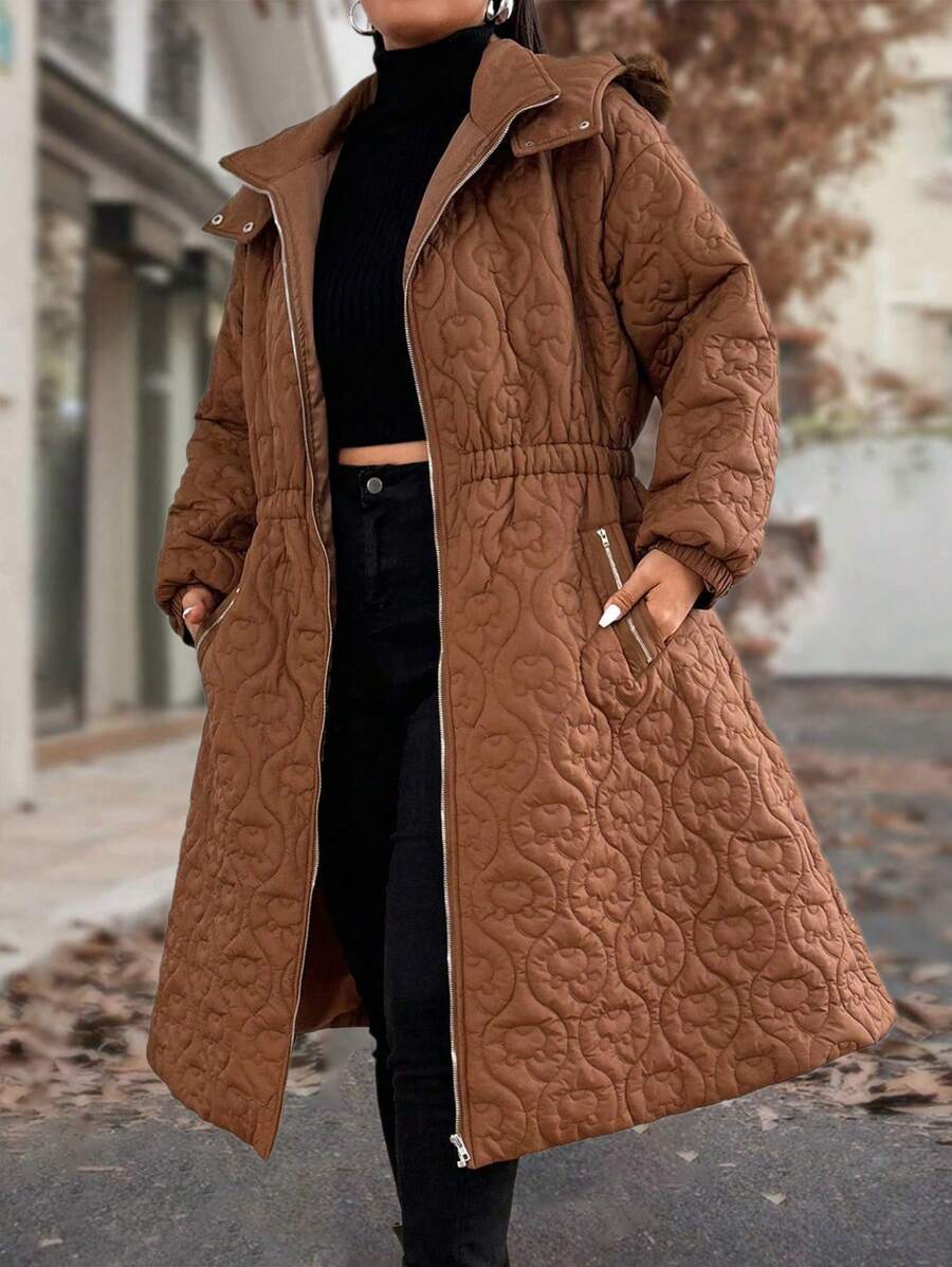 Flirla Plus Size Women's Brown Hooded Fluffy Collar Long Sleeve Zip-Up Parka With Pockets, Warm & Windbreaker, Suitable For Autumn & Winter Clothes Jacket Coat