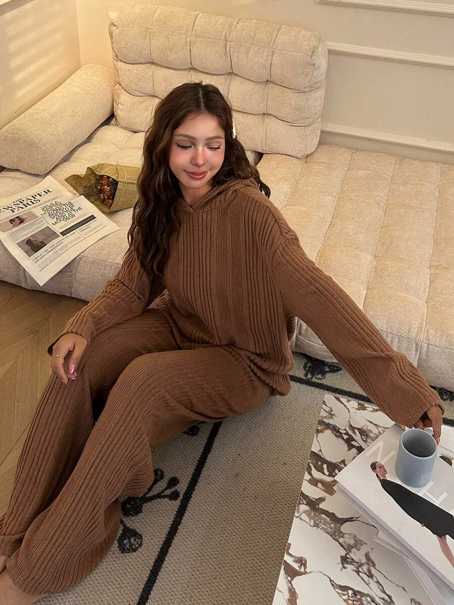 SHEIN Set de 2 piezas de pijama para adolescentes con sudadera con capucha de punto acanalado de manga larga y pantalón recto suelto y cómodo, para otoño/invierno