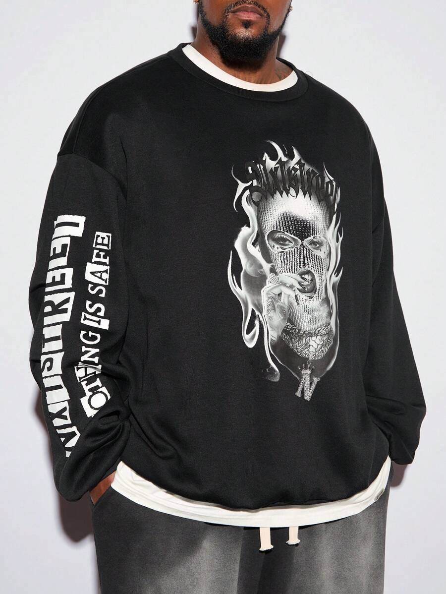 Manfinity VCAY Men's Plus Size Long Sleeve Letter Print Knitted Pullover Sweatshirt Going Out Crew Neck Fashion Graphic Sweatshirt, For Friends, Husband, Boyfriend Gifts