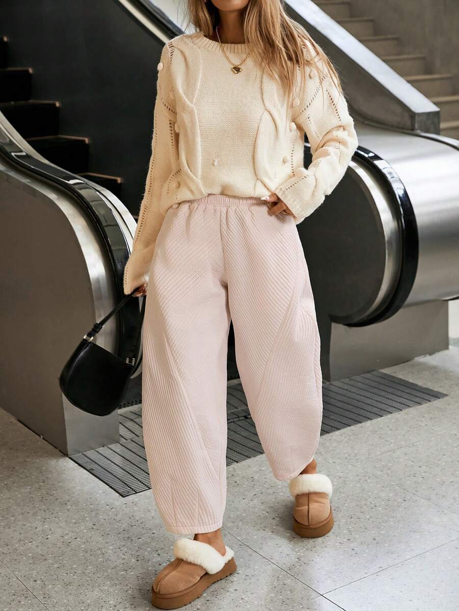 SHEIN Essnce Women's Solid Color Elastic Waist Pocket Wide Leg Loose Casual Pants