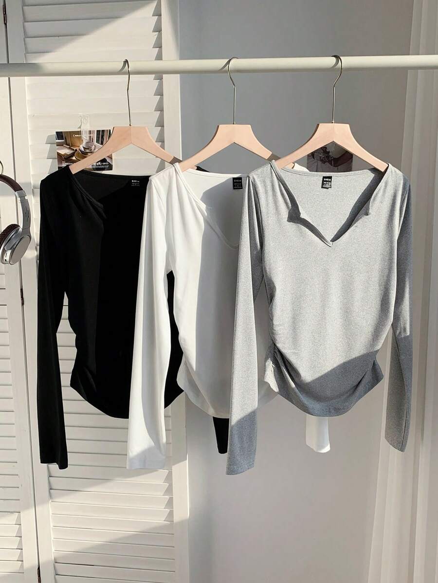 SHEIN EZwear Plus Size Women 3-Piece Casual V-Neck Long Sleeve T-Shirt Set, Multi-Colors