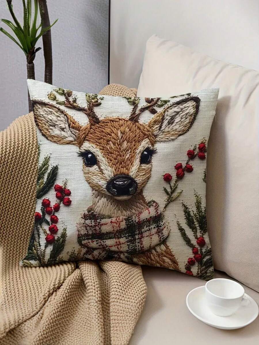 Kerstdecoratie Charmante Kerst Rendier 18x18 Inch Sierkussenhoes - Zacht Kort Pluche, Machinewasbaar Met Ritssluiting Voor Slaapkamer & Woonkamer, Woondecoratie
