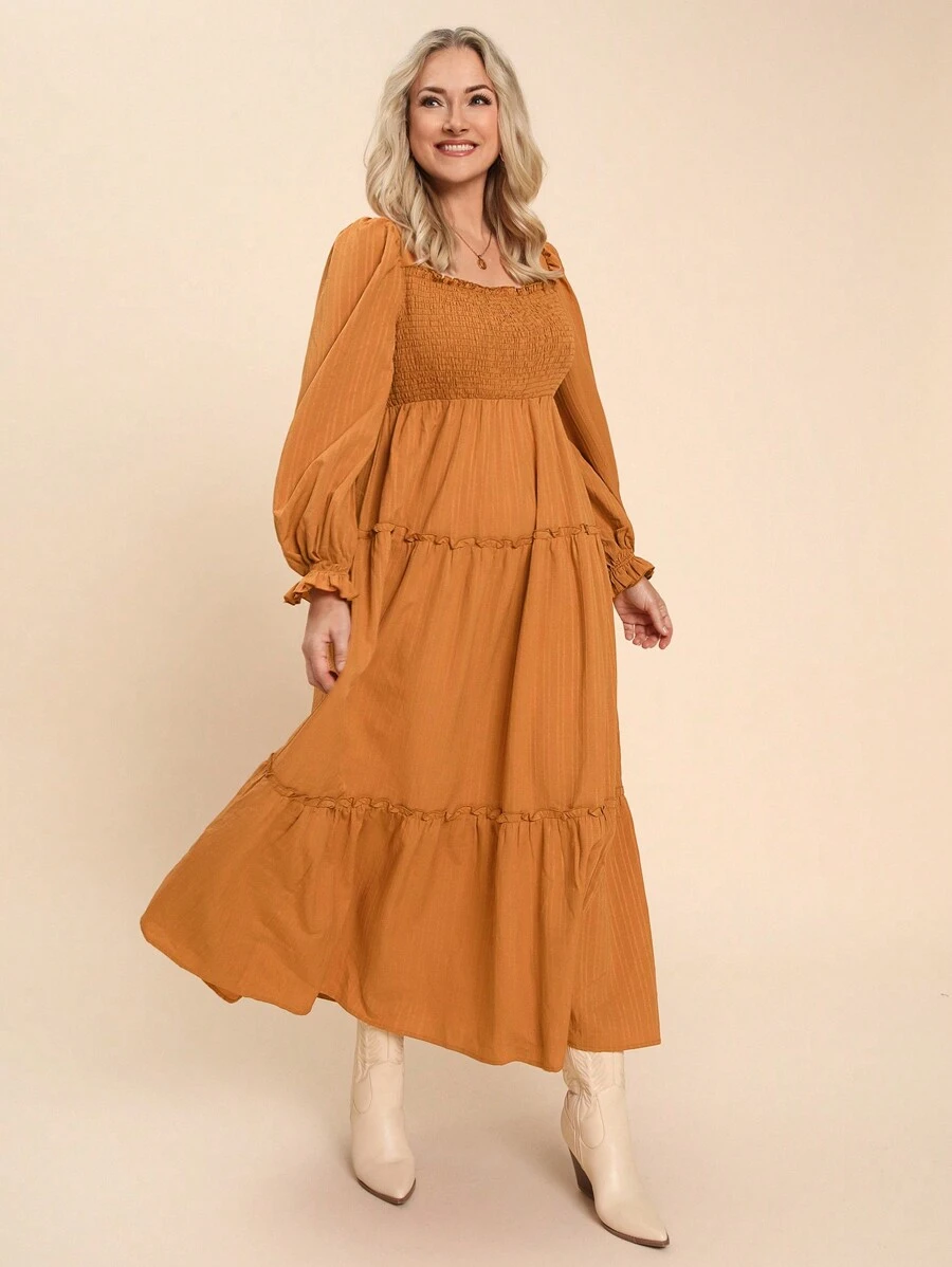 SHEIN LUNE Plus Size Women Fall Long Sleeve Textured Square Neck Shirred Bust A-Line Ruffle Hem Flattering Dress Plus Size Fall Clothes Dresses For Women